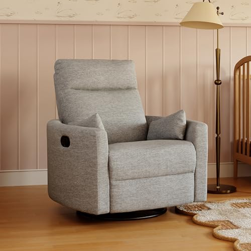 Image of Davinci Atlas Upholstered Recliner and Swivel Glider in Frost Grey | Nursery Glider Chair with High Back, Padded Armrests, and Bolster Pillows | Smooth Recline for Nursing and Feeding