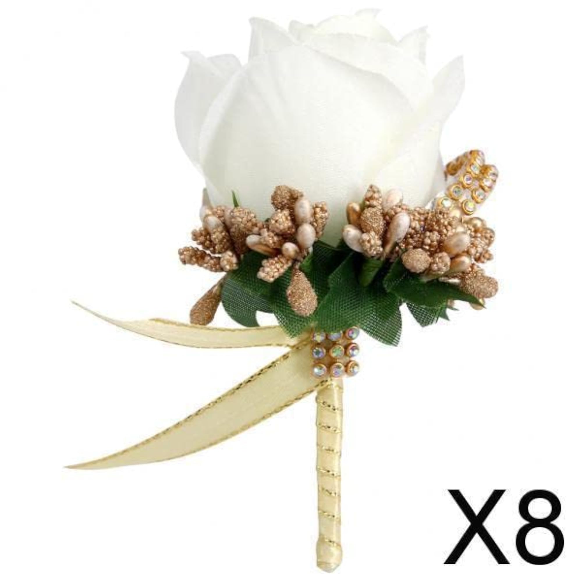 Wedding Rose Flower Brooch Pin, White and Gold