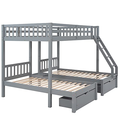 Wood Triple Bunk Bed, Durab Triple Beds Frame Triple Bunk Beds Full Over 2 Twin Bunk Bed With 3 Drawers Ladder And Guardrails, Bunk Bed For Family, Teens, No Box Spring Needed,Gray #TOP3