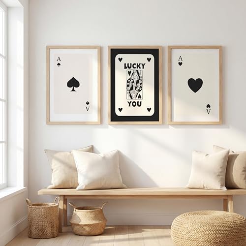 Image of NoWorries Playing Cards Wall Framed Painting Set | Lucky Card Art & Heart Ace Posters Frames | Premium 300 GSM Paper Print with Synthetic Wooden Frame | Minimal Black & White Aesthetic Wall Decor for Living Room & Bedroom (Pattern-illustration) (Set of 3) (NATURAL, ART-5, 10X13INCHES)