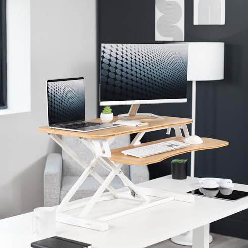Image of VIVO 32 inch Desk Converter, K Series, Height Adjustable Sit to Stand Riser, Dual Monitor and Laptop Workstation with Wide Keyboard Tray, Bamboo Top, White Frame, DESK-V000KO