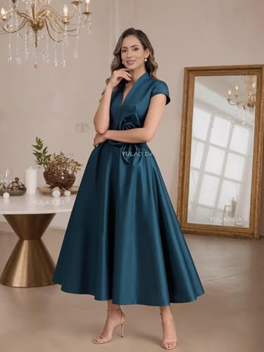 GDJDIFK Satin Tea Length Mother of Bride Dress - V Neck Flared 3D Floral Applique Formal Gown Elegant Wedding Guest​2