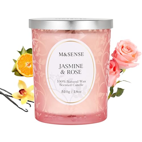 M&SENSE Duftkerze Groß 510g, Jasmin Rose Duftkerzen im Glas,100h Lang Brennende, Knisternder Docht Kerze, Holzdocht Kerzen, Natürliche Vegane Sojawachs Duftkerzen für Männer und Frauen