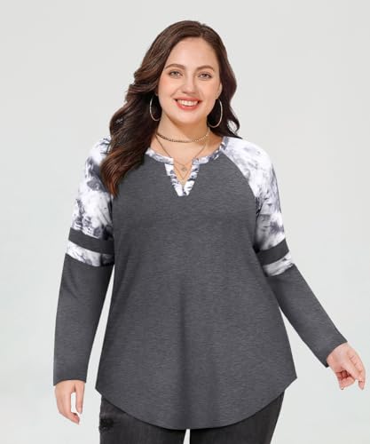 Image of CARCOS Plus Size Tops for Women Long Sleeve Fall Tunic Color Block Camo /Plaid /Leopard /Fall Blouse Crewneck Tshirt XL-5XL