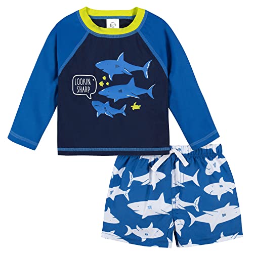 Image of Gerber Baby Boys' Toddler Long Sleeved Rashguard Swim Bathing Suit Set