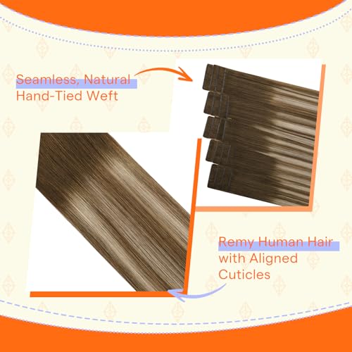 Image of Full Shine Hand Tied Invisible Tape in Hair Extensions,Remy Human Hair,3 /8 /22 Medium Brown to Blonde Balayage,50g 20Pcs 24 Inch,Seamless Skin Weft Injected Tape in Extensions for Graduation Glam