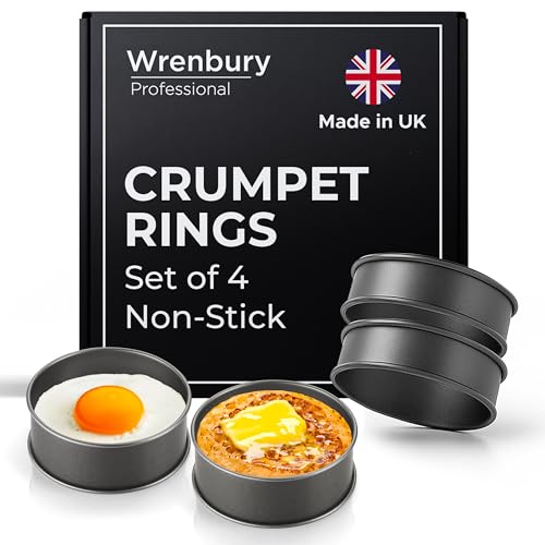 Wrenbury Crumpet Rings Nonstick 3.5 inch - English Muffin Rings - Set of 4 Food Ring Molds for Cooking – Metal Baking Egg Ring Set - Made in England