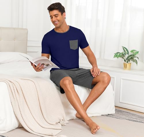 Image of PrinStory Mens Summer Pajamas Set Lightweight Pjs Sets Short Sleeve Pajama Shorts Set Soft Sleepwear Loungewear with Pockets