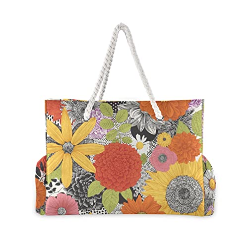 Orezi Large Zip Tote Beach Bag ,Oversize Sunflower Daisy Retro Tote Bag Shoulder Bag Weekender For Gym Beach Travel Pool Yoga Nurse Floral One Size #TOP1