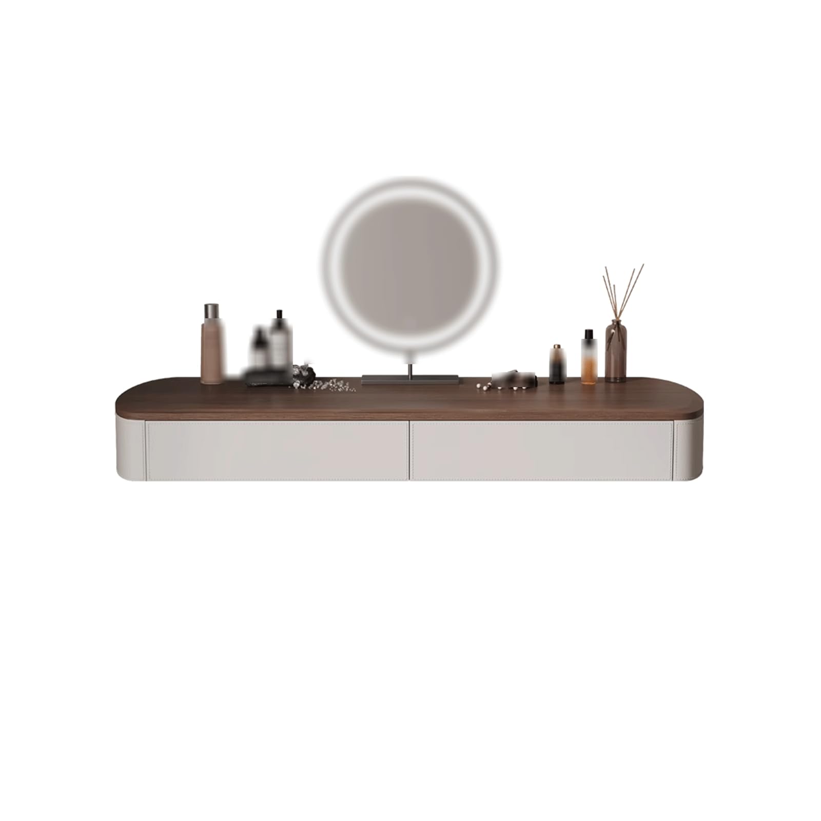 asdchZen Walnut Floating Vanity Makeup Table-Minimalist Wall-Mounted Dressing Desk With Drawers & Saddle Leather Stylish Space-Saving Nightstand For Homes 100Cm