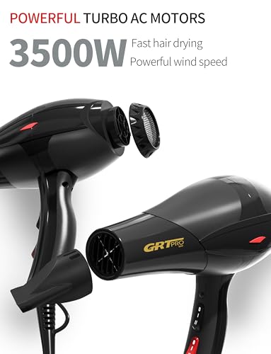 Professional Hair Dryer 3500W Ionic Hairdryer AC Motor Blue Light Anion with 1 Diffuser & 2 Nozzles Accessories, Overheating Protection 2 Speeds 3 Heat Settings for Women Men Home Salon - Image 3