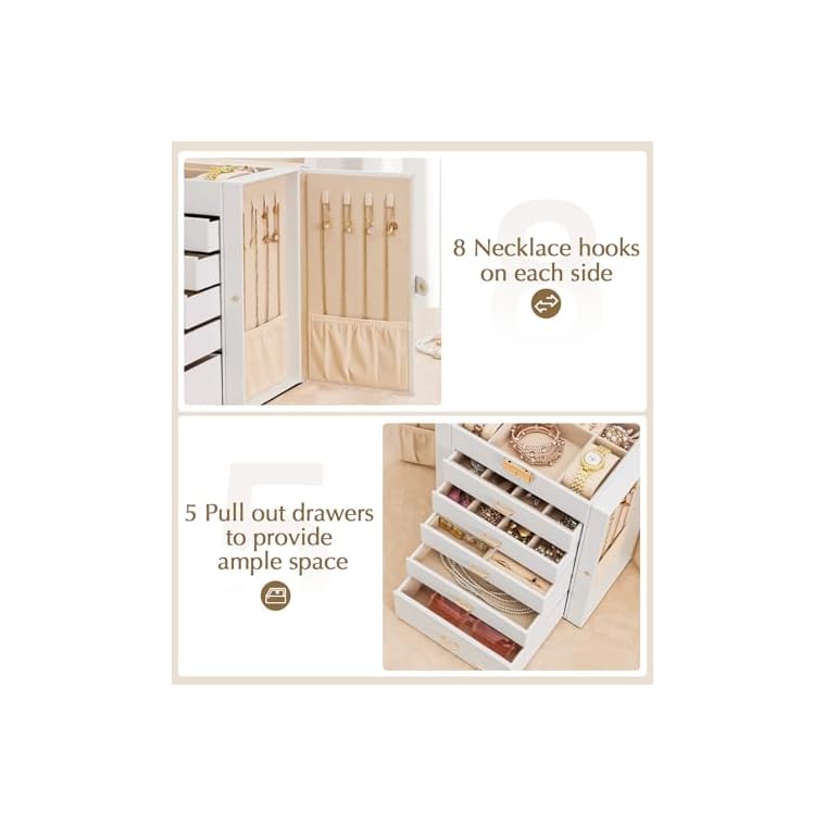 Homde Jewelry Box Large for Women: 6 Layers 5 Drawers Organizer with Mirror for Ring Earring Necklace - Storage Holder with Lock for Dresser (White) - Image 6