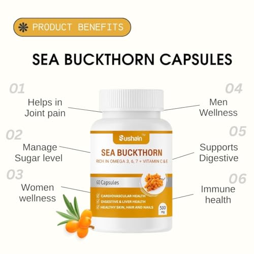 Image of Sushain Sea Buckthorn Capsules | Omega 3, Omega 6, Omega 7, Omega 9 + Natural Vitamin C | Liver, Heart & Skin Health | Immunity & Antioxidant Support | Ayurvedic Supplement