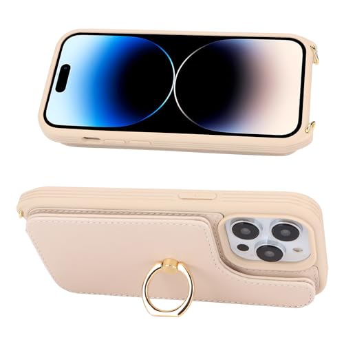 Image of for iPhone 14 Pro Case with Card Holder for Women,iPhone 14 Pro Phone Case with Strap,Crossbody Lanyard,Ring Stand,Snap Clasp,Cute Wallet Cases 6.1 inch (Beige)