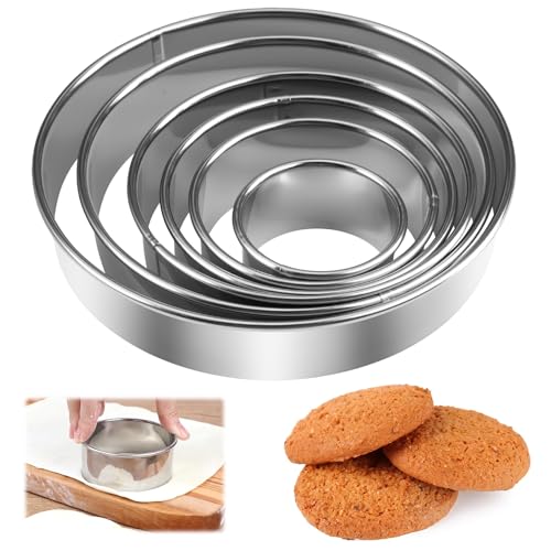 6 Pezzi Coppapasta Tondi Acciaio Inox, 5cm/7cm/9cm/10.5cm/13cm/15cm Tagliapasta Aperta Tondo, Stampi per Biscotti Rotondo, Coppa Pasta di Acciaio per Ciambelle, Biscotti, Muffin, Torte