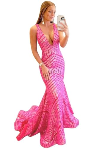 UZN Deep V Neck Sequin Prom Dresses Mermaid Long for Women Backless Formal Party Evening Gowns
