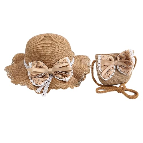 YJZQ Mädchen Strohhut und Tasche Set Schöner Sommer Sonnenhut und Mini Handtasche Set Kinder Modischer Fischerhut mit Blumen, Schleife Atmungsaktive Strandmütze für Camping, Urlaub, Picknick, Strand