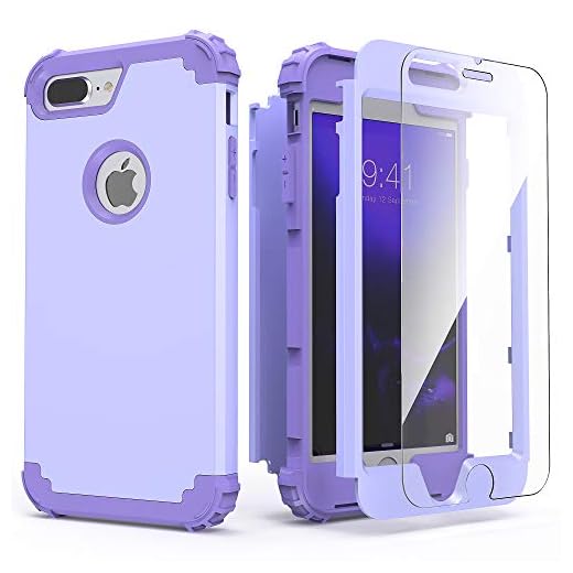 IDweel for iPhone 8 Plus Case with Tempered Glass Screen Protector, for iPhone 7 Plus Case Purple, 3 in 1 Shockproof Slim Hybrid Heavy Duty Hard PC Cover Soft Silicone Bumper Full Body Cover, Purple