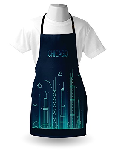 Ambesonne Chicago Skyline Apron, Blue American Town Panorama City Contemporary Illustration, Unisex Kitchen Bib With Adjustable Neck For Cooking Gardening, Adult Size, Turquoise Blue #TOP2