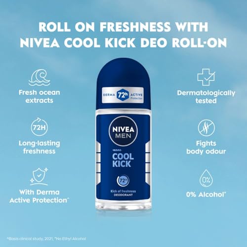 Image of NIVEA MEN Deodorant Underarm Roll On, Cool Kick| 72 H Anti-Perspirant Protection| Long Lasting Freshness with cooling mint Extracts | 0% Alcohol | Dermat Approved| 50ml