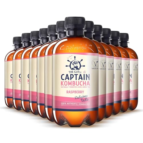 Gutsy Captain Kombucha - California Raspberry – Bebida Probiótica Naturalmente Fermentada, Sin Aditivos ni Conservantes, Sin Pasteurizar, Vegan - 12 x 400ml Raspberry