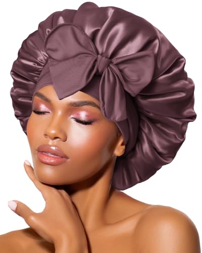 Image of BONNET QUEEN Silk Bonnet for Sleeping Satin Bonnet Women Hair Wrap Night Sleep Cap Scarf Wrap for Curly Hair with Tie Band Maroon