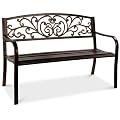 Best Choice Products Outdoor Bench Steel Garden Patio Porch Furniture for Lawn, Park, Deck w/Floral Design Backrest, Slatted Seat - Brown