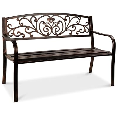 Best Choice Products Outdoor Bench Steel Garden Patio Porch Furniture for Lawn, Park, Deck w/Floral Design Backrest, Slatted Seat - Brown