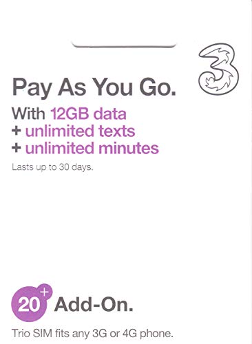 image for Three Mobile PrePaid Europe (UK Three) sim Card 2GB/5GB/12GB Data+Unli