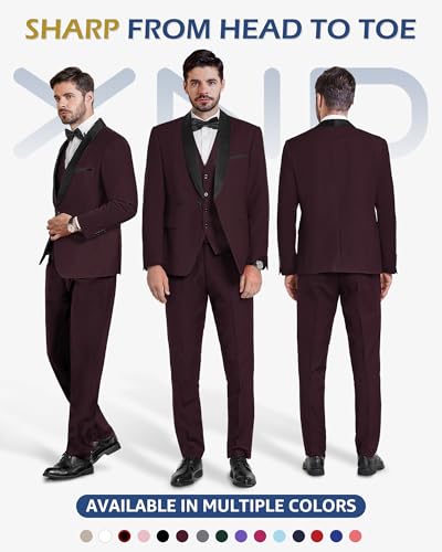 YND Men's 3 Piece Tuxedo Set with Bow Tie, Slim Fit One Button Shawl Lapel Suit Blazer Vest Pants, for Wedding Prom Dinners