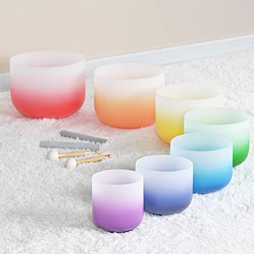 432Hz 7Pcs Set Of 6-12 Inch Aria Gradient Design Frosted Quartz Crystal Singing Bowls With Free 2 Pcs Travel Carry Case Bag. #TOP1