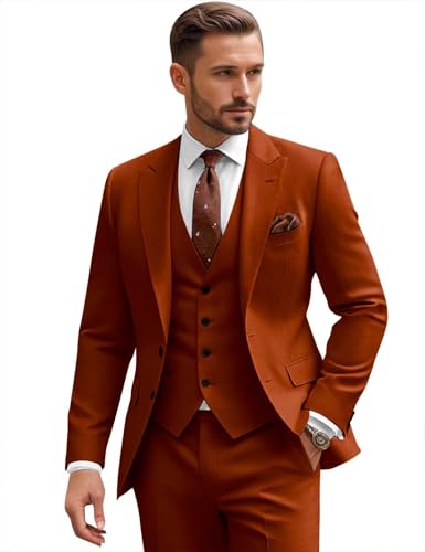 CKGJLJ Men's Suits Burnt Orange 3 Pieces Suit for Men Slim Fit Two Button Blazer Jacket Single Breasted Vest 3-Pieces Burnt Orange Suit for Wedding Regular Fit 3 Piece Prom Suits Large