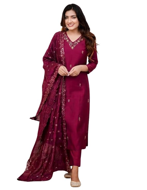 Women's Pure Silk Printed with Embroidery Kurta with Pants and Dupatta Ethnic Set Suit Set Kurta Set-image-38