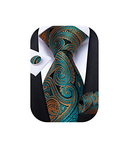 Image of DiBanGu Mens Paisley Tie Sets Silk Jacquard Woven Floral Necktie and Pocket Square Cufflinks Wedding Business Party
