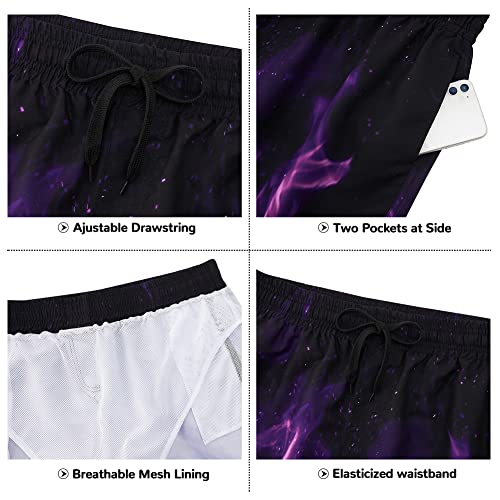 Mens Flaming Fire Swim Trunks For Man Purple Flame Beach Board Shorts 90S Boys Quick Qry Swimming Pants With Drawstring Male Novelty Smoke Slim Fit Fashion Pants Party Clothing, M #TOP2