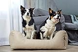 4L Textil Mario Hundebett Kunstleder - Formstabiler & Wasserfester Hundekorb für Große Hunde, Kratzfestes Hundesofa mit Abnehmbarem Bezug, Leicht Abwaschbar (120x90x25 cm, Beige)
