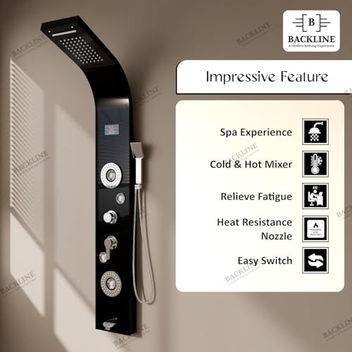 Image of Backline Stainless Steel 304 Grade Shower Panel For Bathroom 6 in 1 Shower With LED Rainfall Shower Panel | Body Massage | Overhead Shower | Body Jet | Hand Shower (Black Mirror Finish)