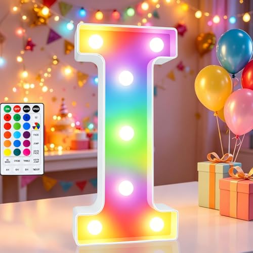 Image of LED Marquee Letter Lights, 18 Colors Changing Light Up Letters with Remote, RGB Alphabet Letters Sign for Girls Boys Gift Birthday Party Night Light Bedroom Wedding Christmas Decor-Colorful I