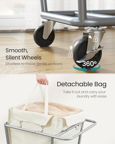 SONGMICS Wäschekorb mit Rollen, Rollwäschekorb 130 Liter mit herausnehmbarem Beutel, stabiler Stahlrahmen, cremeweiß URLS008W01 – Ansicht 5