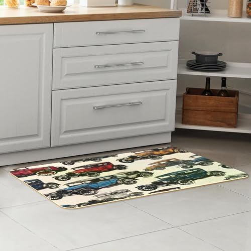 Tapete de cocina absorbente para pasillo y cuarto de lavado con coches retro 7