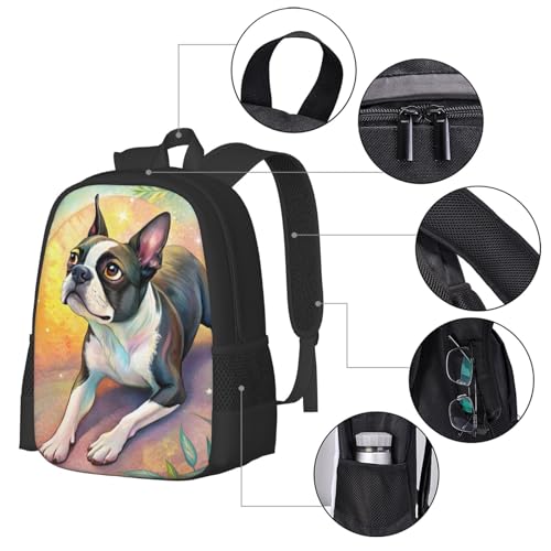Large Capacity Watercolor Painting Boston Terrier Dog Boho Style Pastel Backpack Multipurpose Bag Zipper Unisex 17 in4