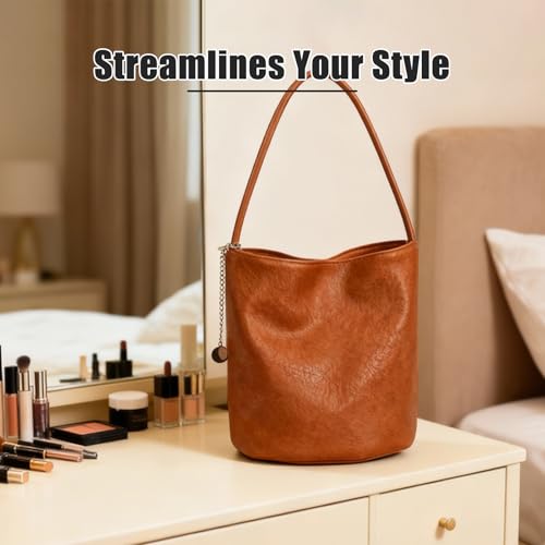 Bolso bolsa tipo bucket de cuero suave para mujer miniatura 6
