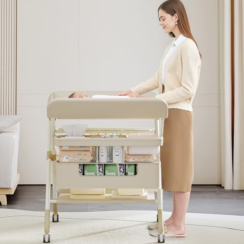 Image of Changing Table, Portable Baby Changing Table with Wheels, Upgraded Foldable Diaper Changing Station with 5-Level Adjustable Height & Large Nursery Organizer Storage for Newborn Infant (Beige)