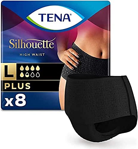 TENA Silhouette Plus Noir x8 - Ropa Interior para Incontinencia y Pérdidas de Orina Abundante - Diseño Cómodo y Transpirable - 8 Braguitas Desechables - Negro - Talla Grande