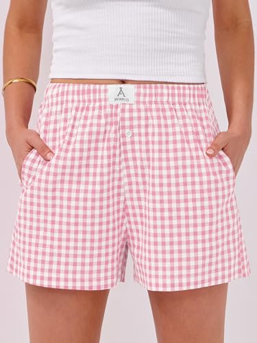 Image of ANRABESS Boxer Shorts for Women Gingham Pajama 2026 Summer Casual Lounge Sleep Plaid Shorts Y2K Beach Bottoms