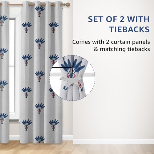 Image of Amazon Basics - Floral Print Light Filtering Curtains | 100% Cotton 150 TC | Set of 2 | 5 Feet | 115 x 150 cm | Blue | Eyelets & Tiebacks| Ideal for Bedroom and Living Room