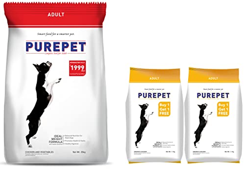 Image of Purepet Chicken and Vegetable Adult Dry Dog Food - 20kg & Smoked Adult Dry Dog Food, Chicken, 1.1 kg (Pack of 2)