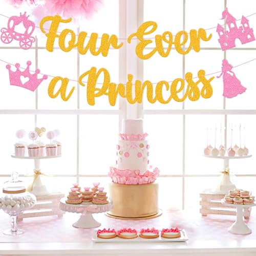 Image of Four Ever A Princess Banner Beautiful Princess Girl 4th Birthday Party Decorations Our Little Princess 4 Years Old Birthday Party Supplies