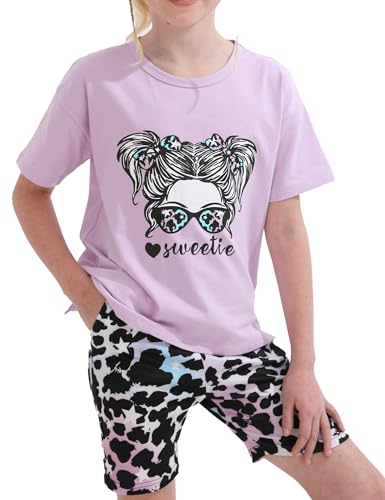 Image of mksodopy Girls Summer Clothse Graphic Print Front and Back High and Low Irregular T-shirt Cycling Shorts Set