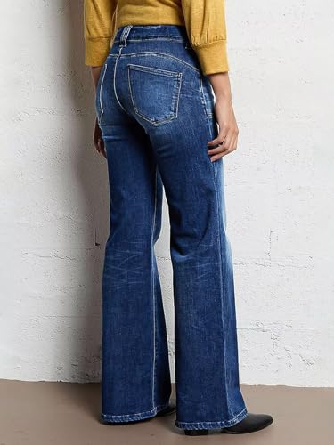 Flamingals Straight Leg Jeans for Women Mid Waisted Stretchy Bootcut Jeans Dual Button Asymmetrical Pocket Trendy Denim Jeans3